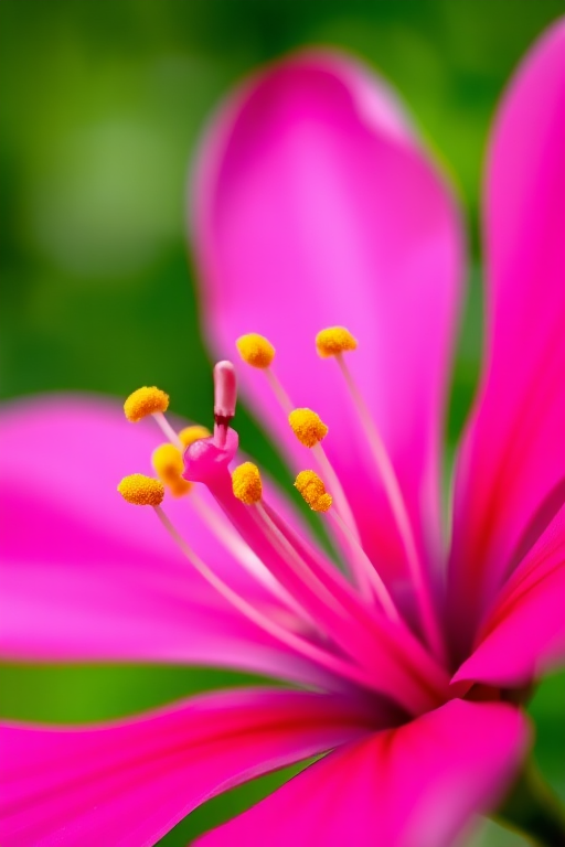 Close-up of a vibrant pink flower with yellow stamens and soft green bokeh background, 50mm lens, f/1.8 aperture, ISO 100, 1/200s shutter speed, shallow depth of field, DSLR camera.