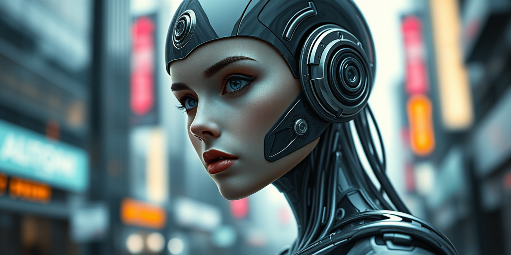 Create an ultra-realistic image of a futuristic female android with a sleek design and intricate details, captured in a cyberpunk city setting, using a Canon EOS R5 camera, 50mm lens, f/1.8 aperture, ISO 100, 1/200 sec shutter speed, with soft lighting and a shallow depth of field to enhance focus on the android's features.
