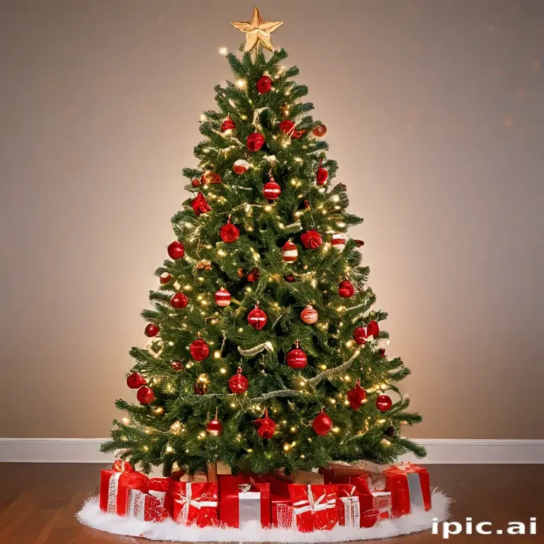 A Beautifully Decorated Christmas Tree with Red Ornaments and Gifts Below.