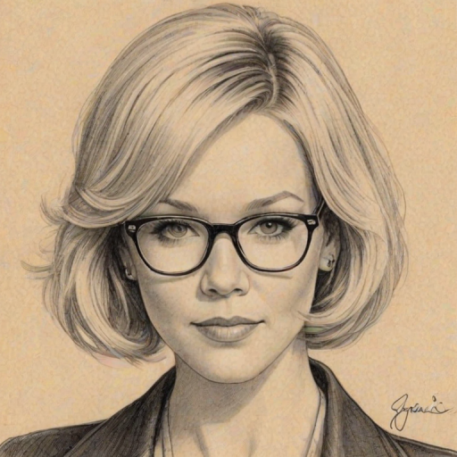 Appealing Jennie Garth, pencil sketch, portrait of Lovely woman 1928s in glasses, hair style beatnik, outline, clear lines, fine lines, 8k