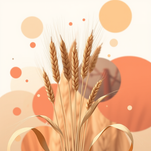 Generate a high-resolution illustration of a bunch of wheat stalks surrounded by abstract shapes, using a Canon EOS R5 with a 50mm lens, f/2.8 aperture, and ISO 100, in daylight with a soft-focus background to enhance visual clarity and depth.