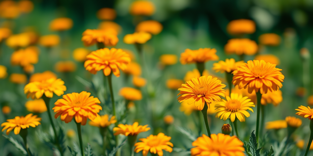 A vibrant field of blooming marigolds in varying shades of orange and yellow, captured with a Canon EOS 5D Mark IV, 50mm lens, f/2.8 aperture, ISO 100, shallow depth of field, natural sunlight.