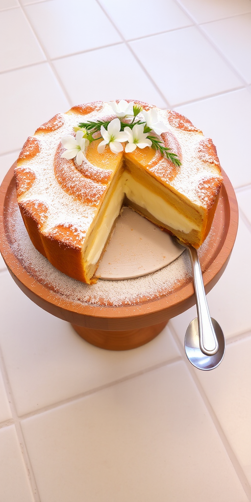 A beautifully presented cream-filled pastry cake on a wooden cake stand with a silver serving spoon beside it. The cake has a golden-brown flaky crust, dusted with powdered sugar, and a creamy filling visible in the sliced portion. Delicate white flowers are arranged on top for decoration, set against a light-colored tiled background.