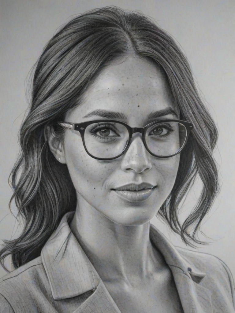 Enticing Meghan Markle, pencil sketch, portrait of Appealing woman 1964s in glasses, hair style beatnik, outline, clear lines, fine lines, 8k