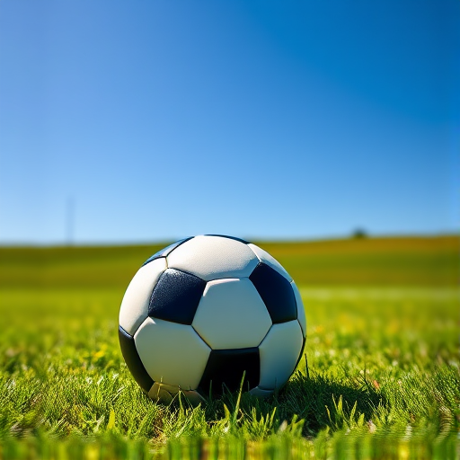 Create a high-quality image of a soccer ball resting on a vibrant green grass field under a clear blue sky using a DSLR camera with a 50mm lens, aperture set to f/2.8, ISO 100, and a low-angle view to emphasize the ball and foreground.
