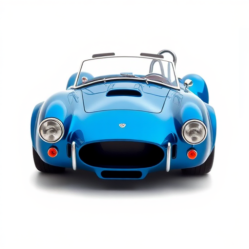 Create a high-resolution image of a blue sports car similar to a Cobra, positioned at a three-quarter front view, using a DSLR camera with a 50mm lens, aperture set at f/2.8, ISO 100, and a shutter speed of 1/200s, with a focus on vibrant colors and detailed textures, set against a simple white background for contrast.