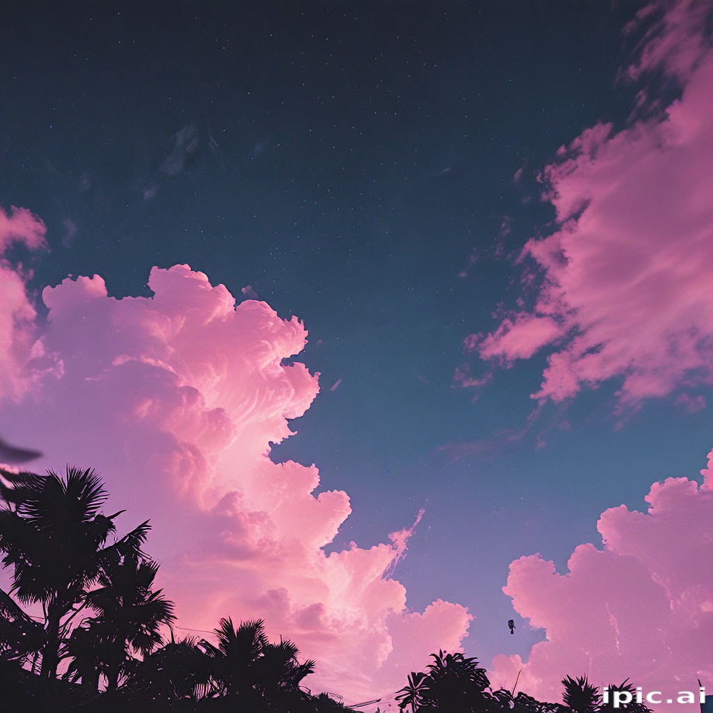 Majestic Evening Sky with Vibrant Pink Clouds and Silhouetted Palm Trees