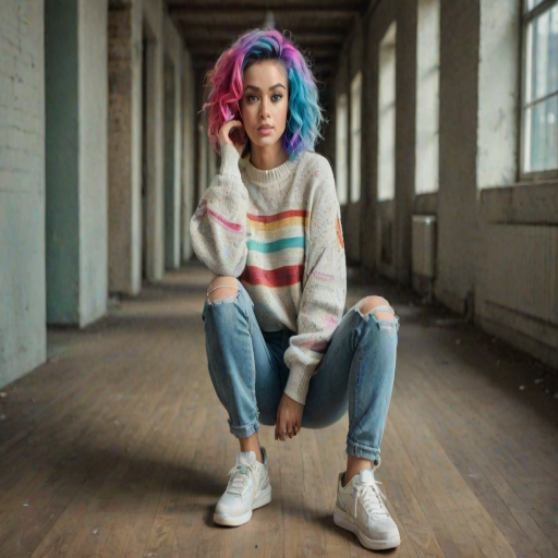 a fitness woman,Stacked Curls in Short Bob,rainbow hair,dressed in a casual oversized sweater with ripped jeans and sneakers,within the halls of eternal echoes,Overdetailed art Best quality ultra sharp intricate details Fine art,Polaroid,studio lighting