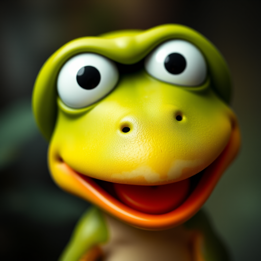 Generate a high-resolution image of a cartoon frog face with large white eyes, a green rounded head, and a red smile, using a Canon EOS R5 camera with a 50mm f/1.8 lens at ISO 100, aperture f/2.8, and a shallow depth of field to enhance image quality.