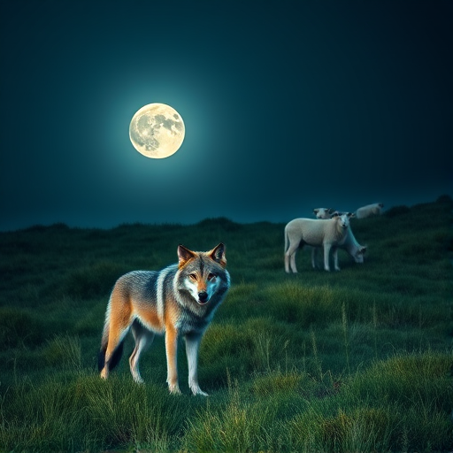 Create a nighttime landscape with a full moon illuminating a grassy field, featuring a wolf standing in the foreground and a group of white sheep in the background, captured with a DSLR camera at f/2.8, ISO 800, shutter speed 1/60 seconds, wide-angle lens, and in a high dynamic range style.