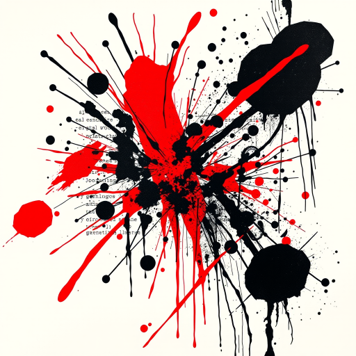 Trash polka tattoo titled "Urban Chaos" combining bold red accents with black ink splatters, text fragments, and abstract shapes to create a dynamic and edgy composition, recognized for its rebellious and avant-garde style