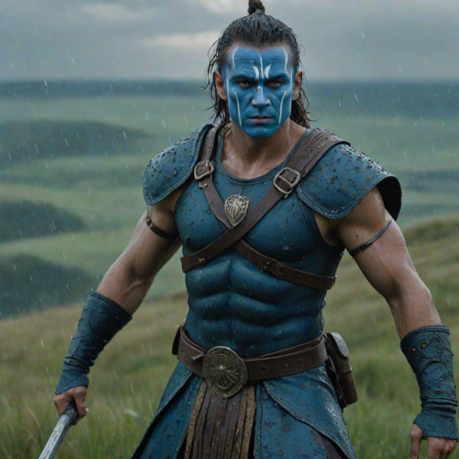 Generate an ultra-realistic and highly detailed photograph of a "brave heart" warrior. he's standing still, looking menacingly at the camera. He has face paint in shades of blue. He's standing on a green hill. Rain. The background is a blurred image of a battlefield. 4k. UHD