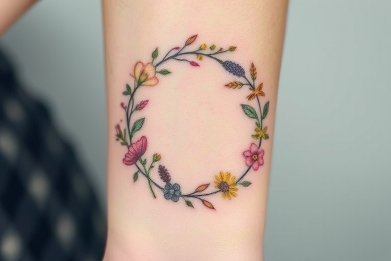 Delicate botanical tattoo featuring pressed flowers and leaves in soft pastel hues, arranged in a circular wreath design around the wrist, with scientific names etched in elegant script