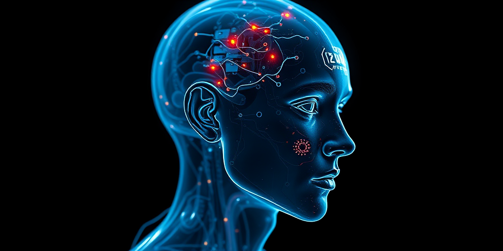 Create a high-resolution digital artwork of a futuristic human head with visible neural circuitry and glowing elements against a dark background, captured with a Canon EOS R5, 50mm lens, f/1.8 aperture, ISO 100, in soft focus style, with dramatic lighting to enhance depth and detail.