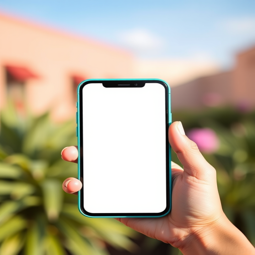 Create an image of a modern smartphone with a blank screen and a turquoise frame, captured with a Canon EOS R5 at 50mm f/1.8, natural lighting, and a shallow depth of field for enhanced clarity.