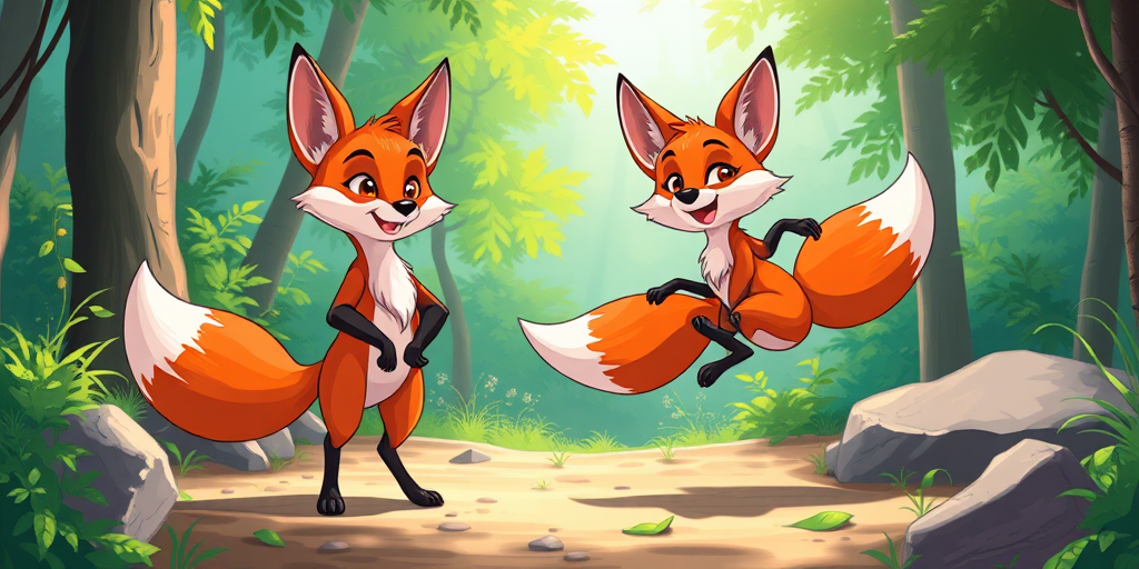Create a vibrant illustration of two cartoon foxes, one standing proudly and the other playfully leaping, in a bright forest setting with lush greenery, using a digital art style; settings: ISO 100, f/5.6, 1/200s; perspective: eye level; camera type: digital drawing tablet.