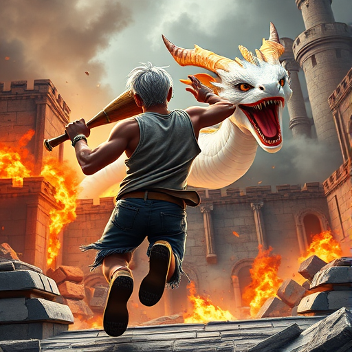 Cartoon 3D High-Resolution,dynamic battle scene using Unreal Engine 5 and Octane Render. The scene features back of an elderly, thai man with a beard,messy hair and round golden-rimmed glasses. He is wearing a tattered tank top with soot marks, shorts, and sandals. sweating. he wields a baseball bat. He jump to fight with a white fire-breathing Europe dragon amidst a partially destroyed stone castle. Include intense flames, smoke, and debris to enhance the dramatic effect.