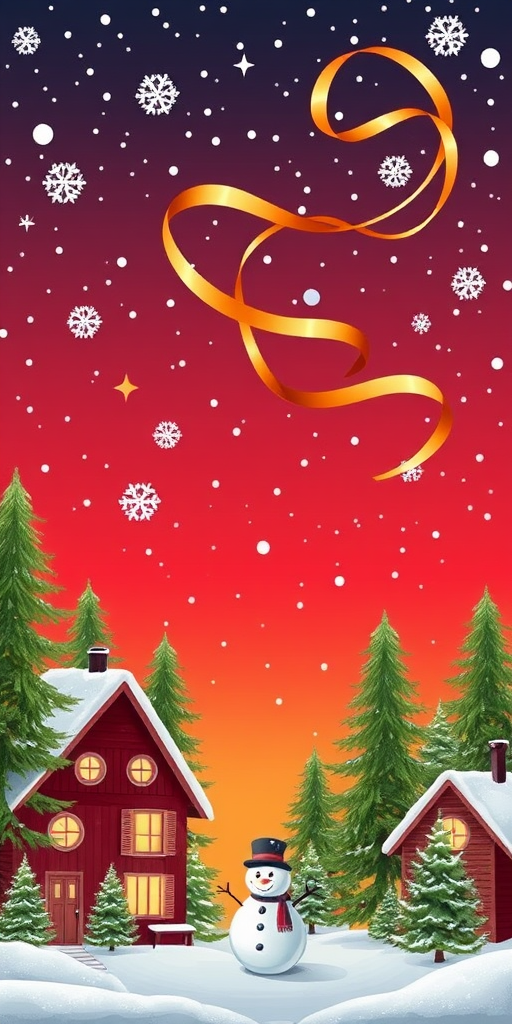 Create a winter scene with a bright red and orange gradient sky filled with snowflakes. Include cozy, snow-covered houses with green pine trees surrounding them. Add a cheerful snowman in the foreground, and incorporate swirling golden ribbons in the sky for a festive touch.