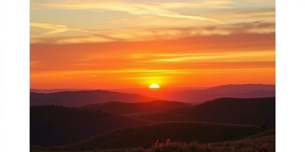 Generate a high-resolution image of a serene landscape featuring rolling hills and a vibrant sunset, using a DSLR camera with a 35mm lens, aperture set to f/8, ISO 100, and a focal length of 24mm, captured at golden hour for warm lighting.