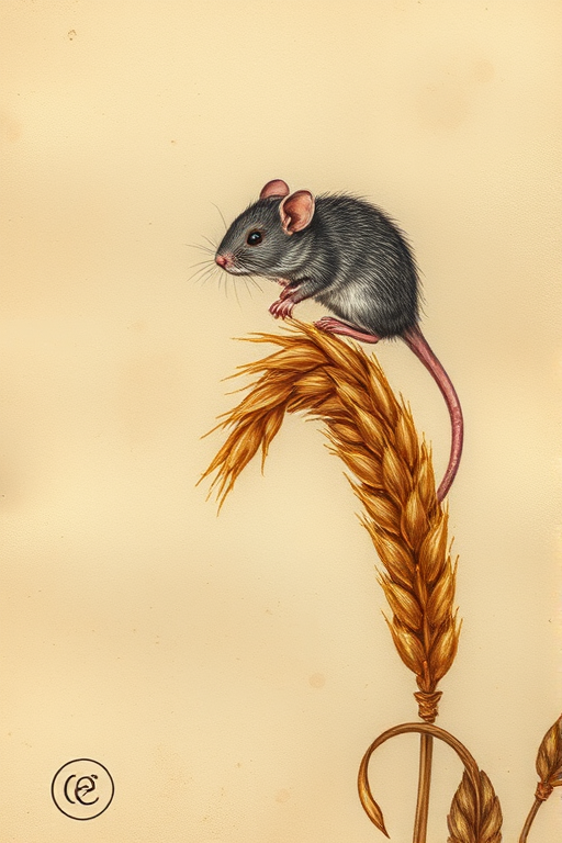 Soft, muted Alcohol Ink with ebru effect background image of tiny whimsical rat, who climbed high on the top of a golden rye ear.