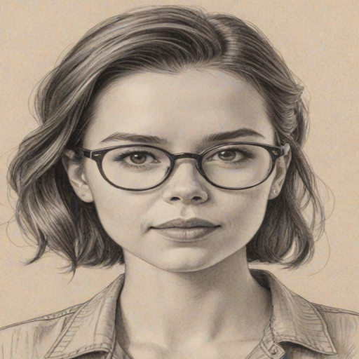 Fetching Ingrid Nilsen, pencil sketch, portrait of Fetching woman 1942s in glasses, hair style beatnik, outline, clear lines, fine lines, 8k