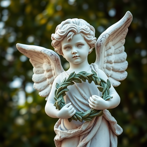 a cherubic angel statue holding a laurel wreath, intricate details of wings and expression, softly blurred background of green foliage, natural lighting, focus on texture, DSLR camera, 50mm lens, f/1.8 aperture, ISO 100, shallow depth of field