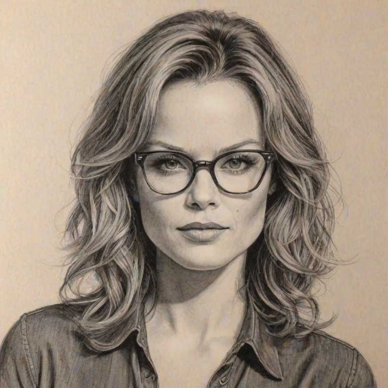 Exquisite Dina Meyer, pencil sketch, portrait of Pleasing woman 1968s in glasses, hair style beatnik, outline, clear lines, fine lines, 8k