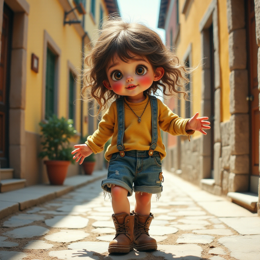 Whimsical little 3-year-old girl wearing scruffy tomboy clothes, boots, messy hair heavily blushed cheeks, pink lips, closely dancing in the street of an Italian village,Textured painterly fantasy artistic mixed media