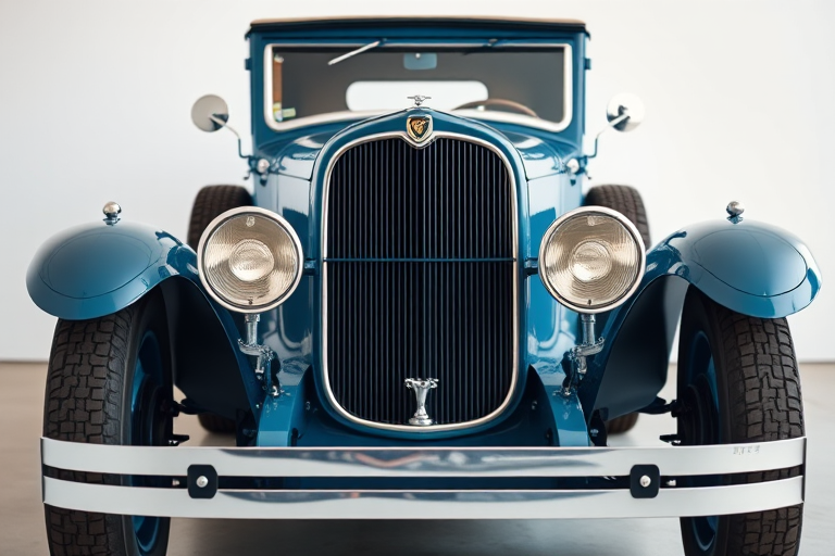 Generate a high-resolution image of a classic 1920s blue vintage car, captured from a frontal angle using a DSLR camera, with a focal length of 35mm, aperture set to f/8 for enhanced depth of field, and soft diffused lighting to highlight the car's details.