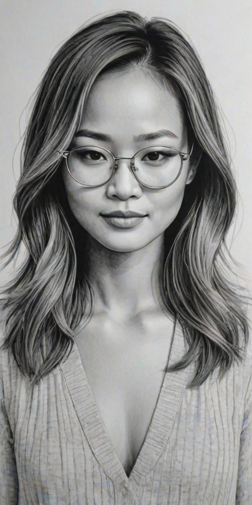Attractive Jamie Chung, pencil sketch, portrait of Lovely woman 1969s in glasses, hair style beatnik, outline, clear lines, fine lines, 8k