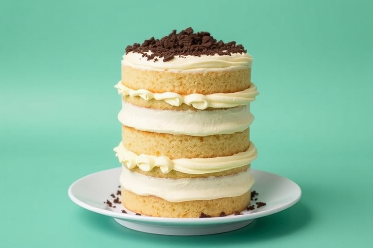 A tall layered cake with three tiers featuring light sponge cake and creamy vanilla frosting, topped with chocolate crumbs, sitting on a white plate against a solid mint green background.