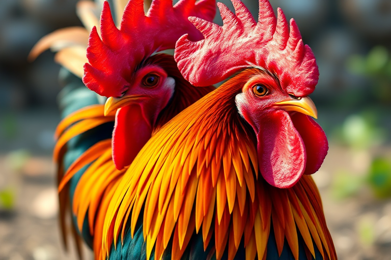 Create a colorful vector illustration of a rooster, using a vibrant color palette with bold lines and smooth shapes, captured with a digital camera at f/8 aperture, ISO 100, 50mm lens, shot in natural light from a low angle to enhance details and texture.