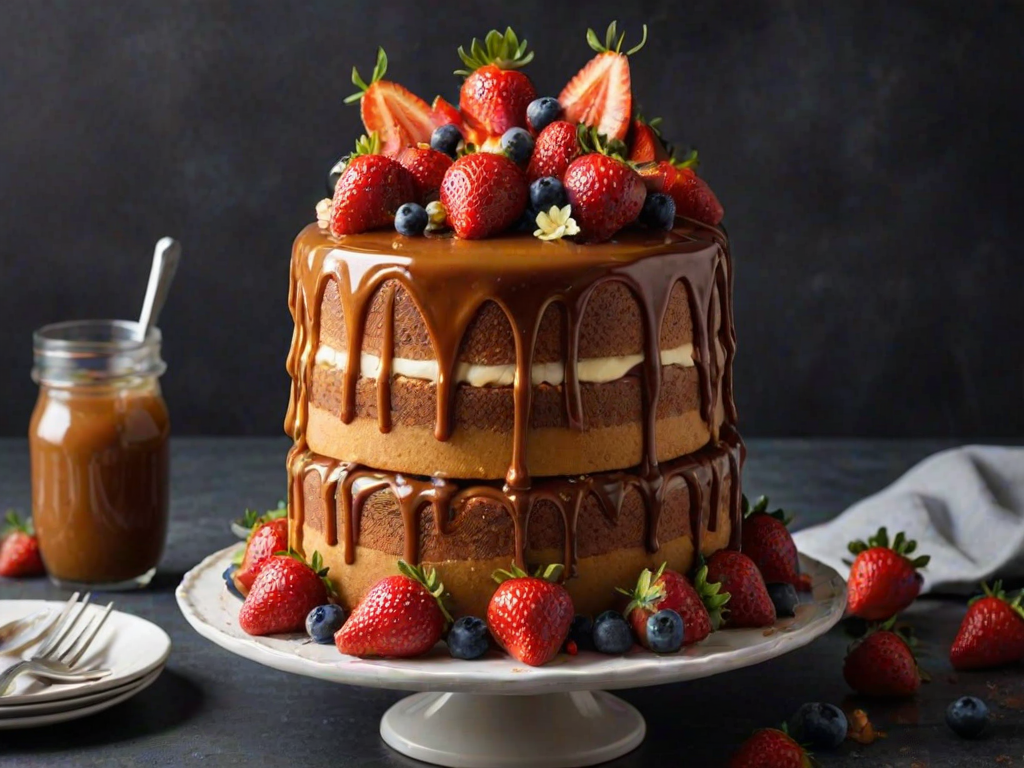 Create an image of a three-layer cake with a rich caramel drizzle. The cake should be adorned with fresh fruits like strawberries and bananas, as well as edible flowers for decoration. The background should be dark to highlight the cake's vibrant colors and textures.