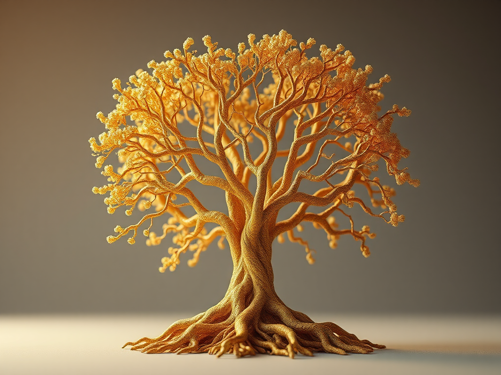 Create a highly detailed 3D rendering of a golden heart-shaped tree with intricate branches and roots, using a Canon EOS R5, aperture f/8, ISO 100, 50mm lens, soft focus background, and high dynamic range for enhanced luminosity.