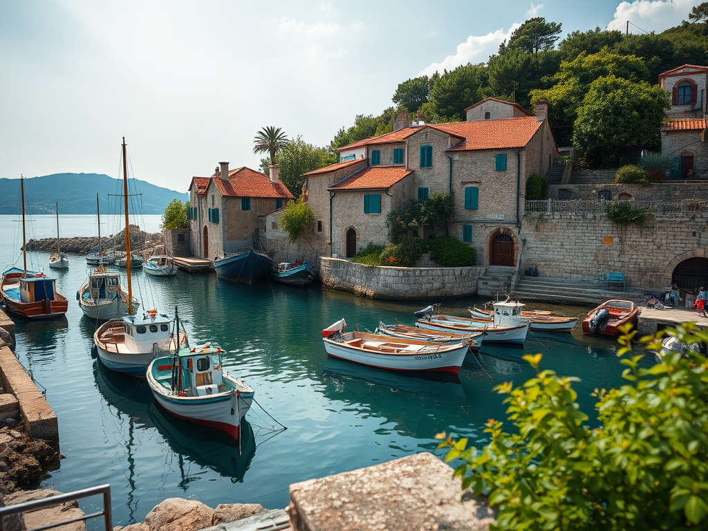 regenerate the image of a serene harbor with fishing boats moored near old stone buildings and lush greenery surrounding the area, captured with a Canon EOS R5 at f/8, ISO 100, 1/250s, utilizing a wide-angle lens from a high vantage point to enhance depth and detail