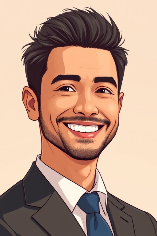 Create a high-resolution illustration of a smiling man in a suit with a simple background, using a Canon EOS R5 camera with a 50mm f/1.2 lens, aperture set to f/4, ISO 100, and a soft natural light to enhance the image quality.