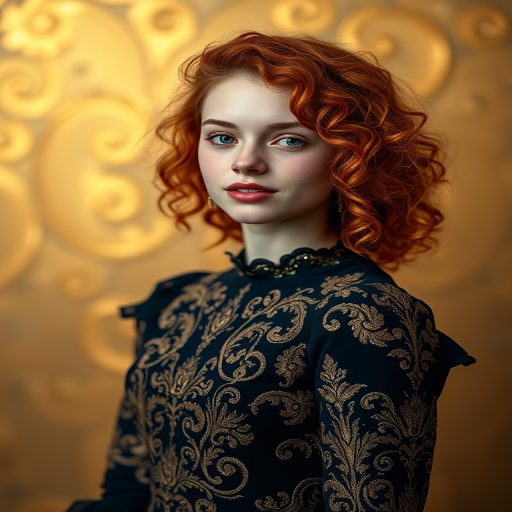 portrait of a young woman with curly red hair wearing an ornate black and gold dress, golden abstract background, soft lighting, focal length 50mm, aperture f/1.8, ISO 100, chosen depth of field for enhanced background blur, captured with a DSLR camera