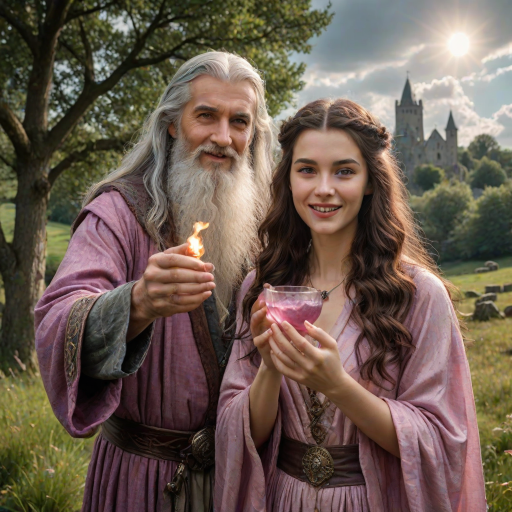 Create a super realistic photo portrait of the sorceress Nimue enthralling the old long haired and bearded magician Merlin with the scent of a magic perfume-potion. Merlin's senses are blurred and he has a happy smile on his face like that of a slightly drunken man. Nimue is standing opposite of Merlin facing him. She is holding out the potion with both hands towards Merlin's nose. A visual depiction of the pink scent soflty creeps into Merlin's nostrils. The picture is set in front of a typical British landscape with grass, a dry stone wall and old and big trees. Cloudy skies with sun-rays braking through giving the picture a soft and romantic tone. HDRI, 8k,V-Ray render