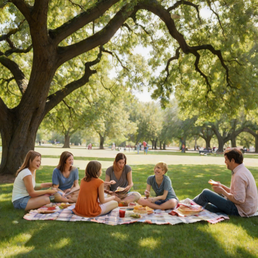 Family gathering at a picnic in the park, blankets spread out on the grass, children playing frisbee nearby, and adults enjoying sandwiches and laughter under the shade of a large oak tree.