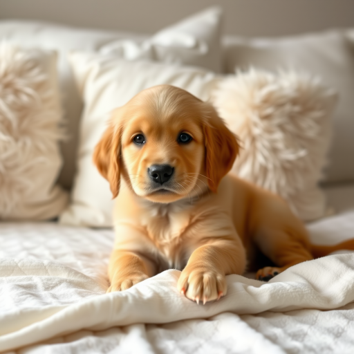 Generate an image of a golden retriever puppy lying on a bed with fluffy white pillows and a soft blanket the puppy has a curious expression and its paws are resting on the blanket the background is softly lit creating a cozy atmosphere