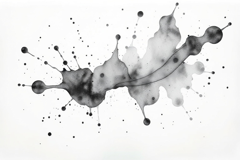 Create an abstract watercolor splash art on a transparent background with a focus on black, gray, and white colors, using a Canon EOS R5, 50mm lens, f/1.8, ISO 100, 1/200s, top-down view, natural light.
