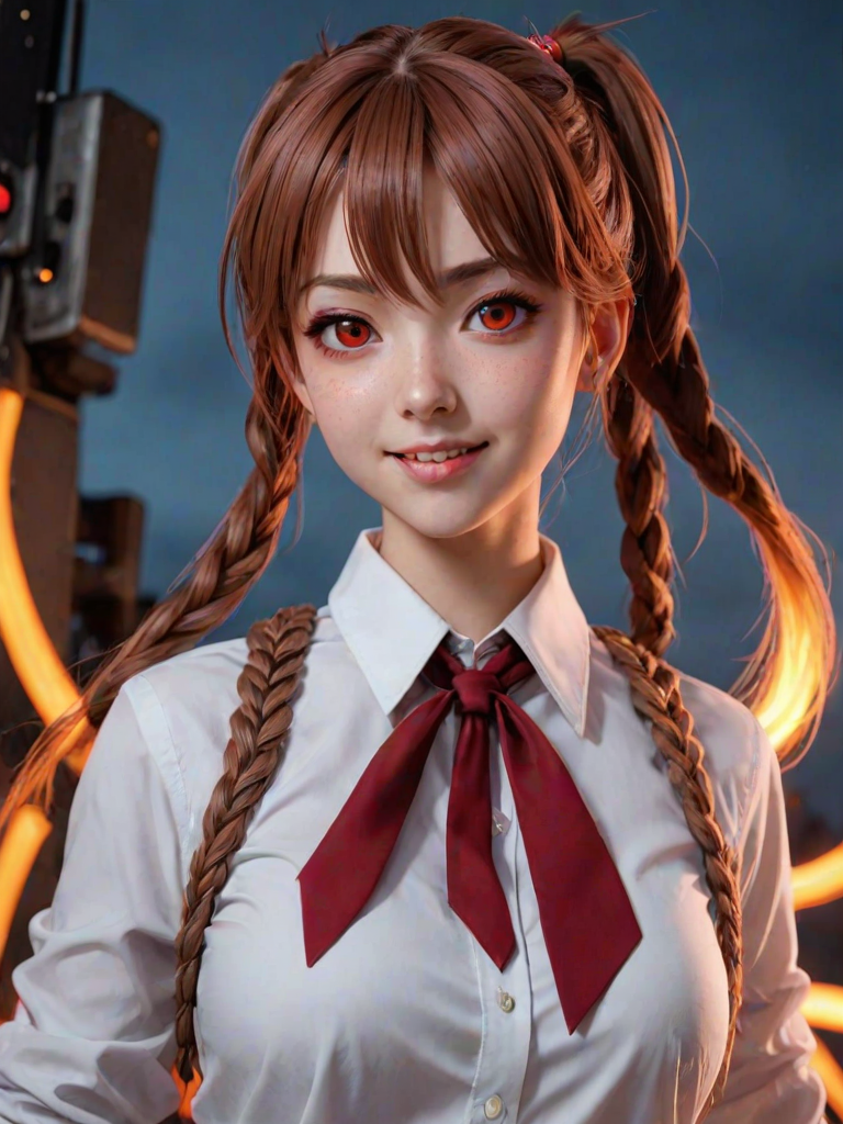 i want the whole image to be created in 3D anime style, 1girl, solo, long hair, looking at viewer, smile, open mouth, bangs, shirt, red eyes, jacket, white shirt, braid, sidelocks, red hair, necktie, teeth, fang, collared shirt, eyelashes, glowing, formal, suit, red necktie, portrait, glowing eyes, braided ponytail, ringed eyes, makima (chainsaw man)
