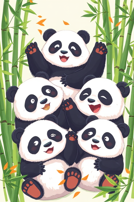 high-resolution illustration of playful pandas, vibrant bamboo elements, animated style, flat lay view, 50mm lens, f/2.8 aperture, ISO 100, natural light, digital art