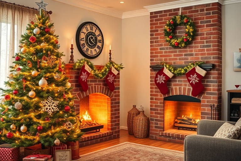 Generate a cozy living room scene during the holiday season. Include a beautifully decorated Christmas tree adorned with lights and ornaments, placed next to a brick fireplace. Above the fireplace, display festive stockings. The room should have warm lighting, creating a welcoming atmosphere. Add a decorative tree skirt under the tree and some holiday decorations in the background.