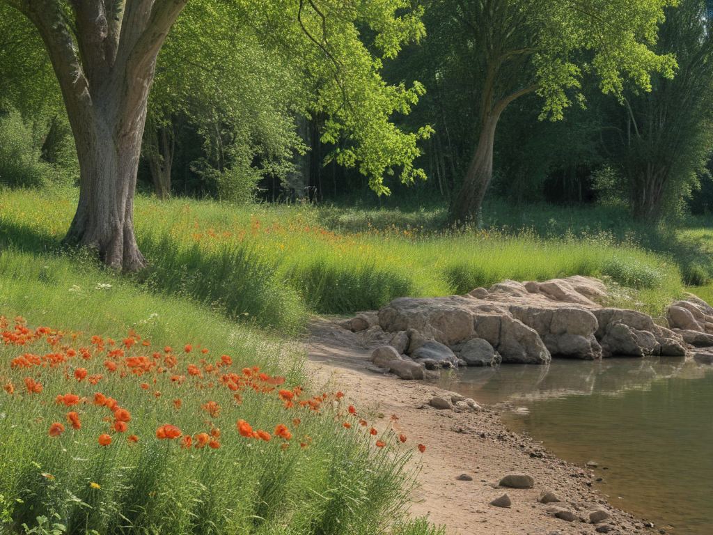 sunny day on a river bank with trees and poppies