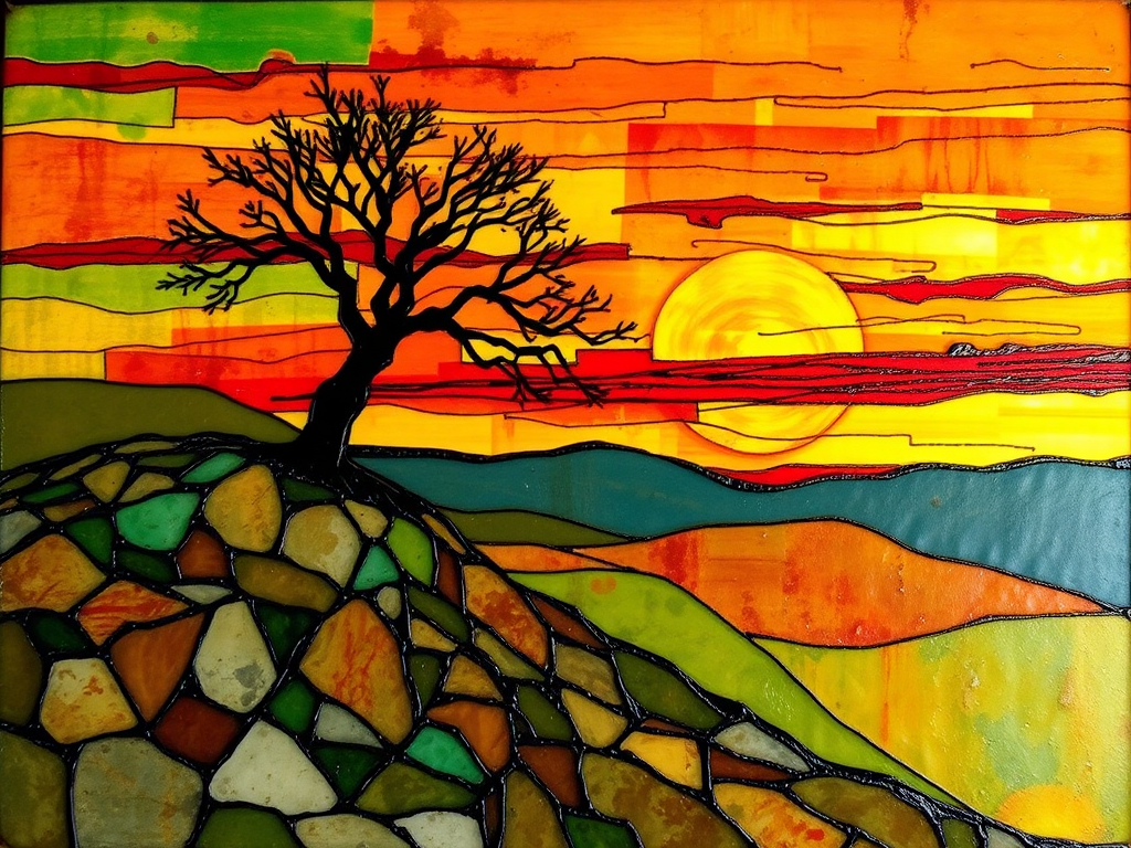 A vibrant abstract painting on Tiffany Glass, blending acrylic and alcohol ink techniques, captures a dramatic sunset over rolling hills. The artwork features a textured, rocky foreground in green and brown, layered abstract hills, and a striking sunset in rich oranges, yellows, and reds. A solitary black tree with intricate branches contrasts against the fiery sky, creating a dynamic and expressive portrayal of a breathtaking natural scene.