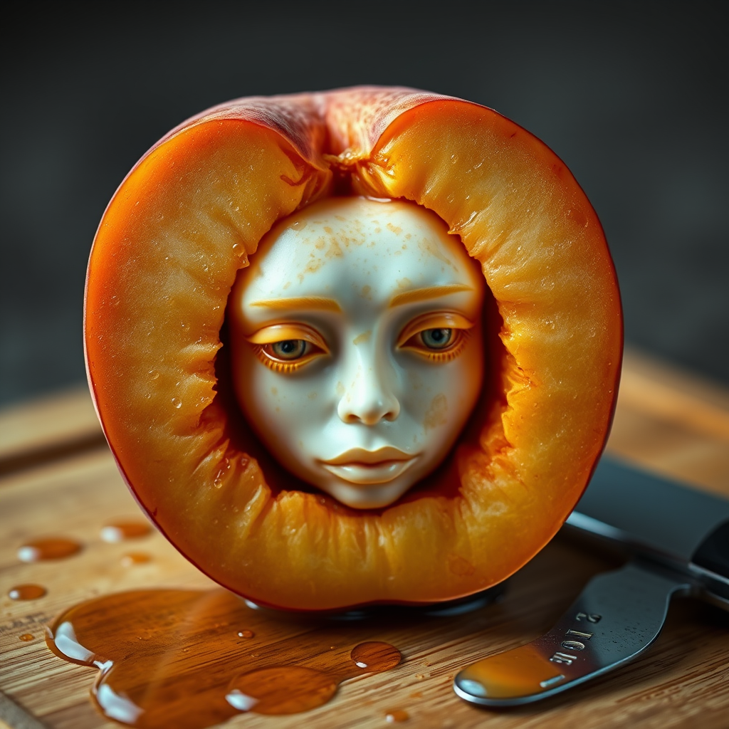 A hyperdetailed photorealistic macro color saturated high resolution image of a peach cut in half, with the peach pit being a highly detailed sculpted woman's face with her eyes open and peach-colored irises. The face has a marble texture. The image includes condensation, moisture, and peach juice. The peach is on a wooden cutting board with a small fruit knife nearby, also covered with juice.