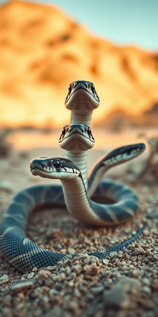 create an image of a multi-headed snake in a desert setting, using a DSLR camera with a 50mm lens, aperture f/2.8, ISO 100, and a shallow depth of field to enhance image quality, captured from a low angle view for dramatic effect