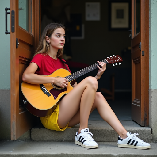 Ultra-realistic and very detailed image, high resolution and definition of a young woman, a rocker. She's sitting on the step of a doorway, with one leg stretched out, playing an acoustic guitar. The young woman is wearing a red T-shirt and yellow shorts. Adidas trainers. The door is glazed and mirrors the street.