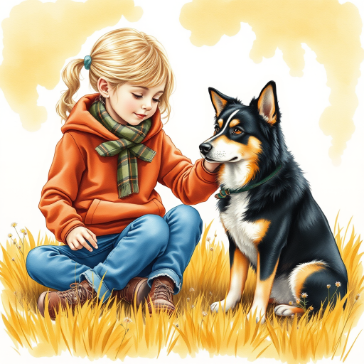 A detailed watercolor and acrylic illustration showing a heartwarming scene between a young blonde girl in pigtails and a Bearnaise Mountain dog. The girl, dressed in a rust hoodie, jeans, and a plaid scarf, gently rests her hand on the dog’s head. The dog, with black, copper, and white fur, sits beside her, tilting its head in affection. They sit on golden grass with wildflowers, against a sunny fall background. The artwork focuses on realistic textures and the tender bond between them.